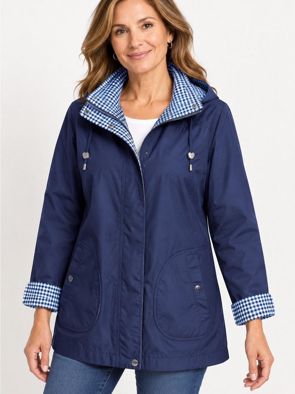 Blair Navy Blue Hooded Utility Rain Jacket Gingham Trim Coat